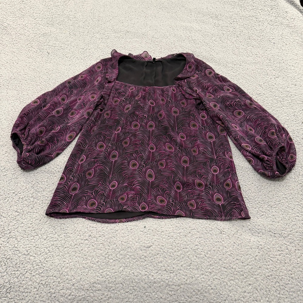 Nanette Lepore Blouse Sz 2 Purple Peacock Feather 100% Silk Ruffle Square Neck